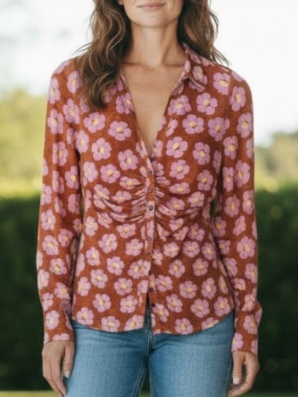 Free People Pink Floral Button-Front Ruched Rust Blouse